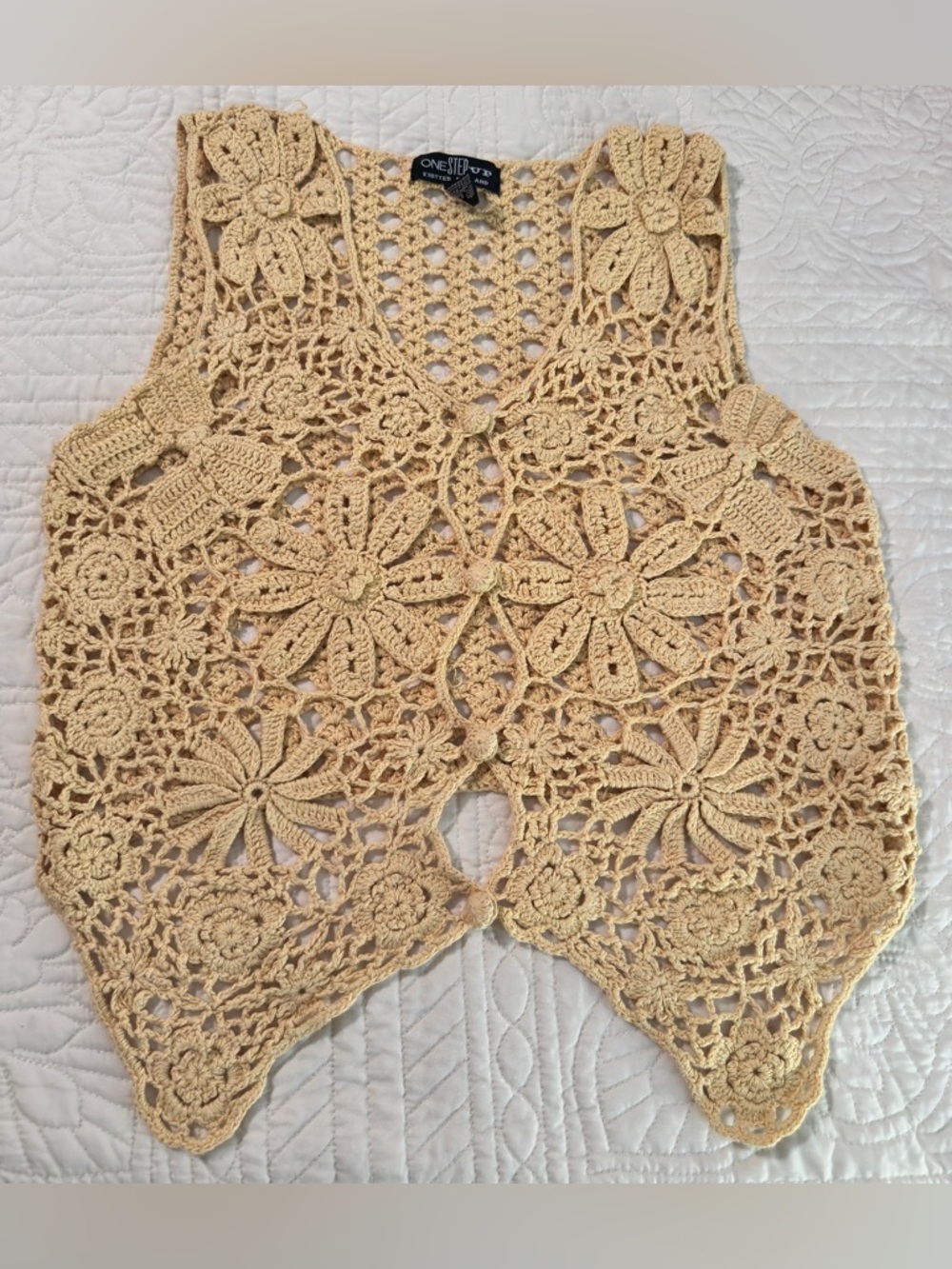 Vintage Light Yellow Boho Crocheted Button Down Vest OSFM Hand Knit